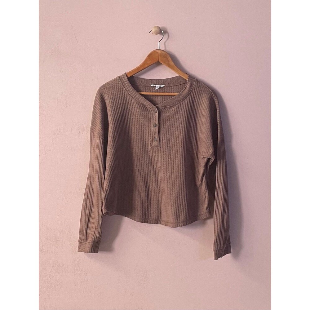 Mine Brown Waffle Knit Long Sleeve Boxy Cropped Henley Shirt Size S GUC